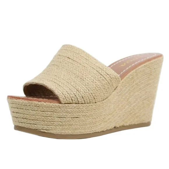 New Women Beige Jute Slip On Platform Wedge Heel Espadrille Sandals - Picture 3 of 6
